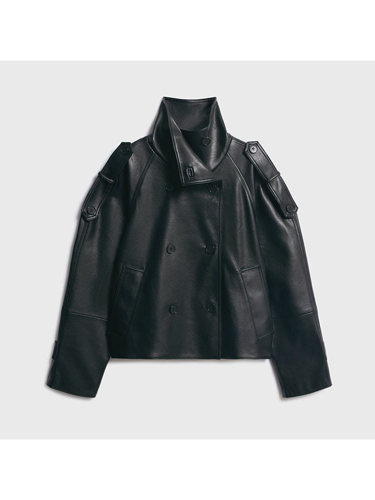Damen Übergröße Kunstlederjacke mit asymmetrischem Revers EB