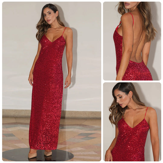 Damen Abendkleid mit glitzerndem Paillettenbesatz und elegantem V-Ausschnitt EB