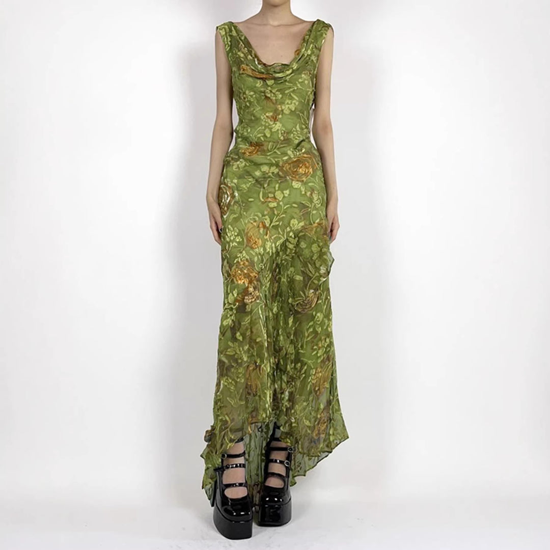 Damen Maxikleid mit asymmetrischem Saum und floralem Design EB