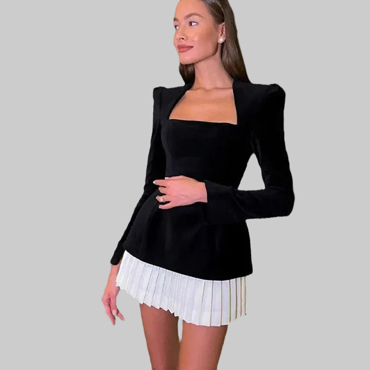 Damen Elegantes Samtoberteil mit langem Arm und quadratischem Ausschnitt EB