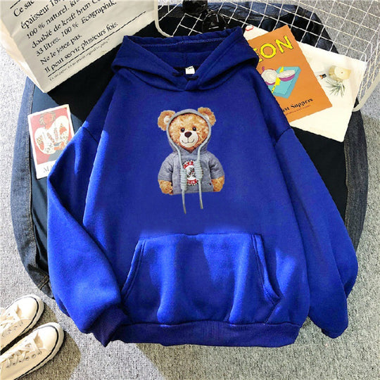 Unisex nan lässiger Oversize Kapuzenpullover mit Teddy-Frontprint, Kängurutasche und weichem Fleece-Innenfutter EB