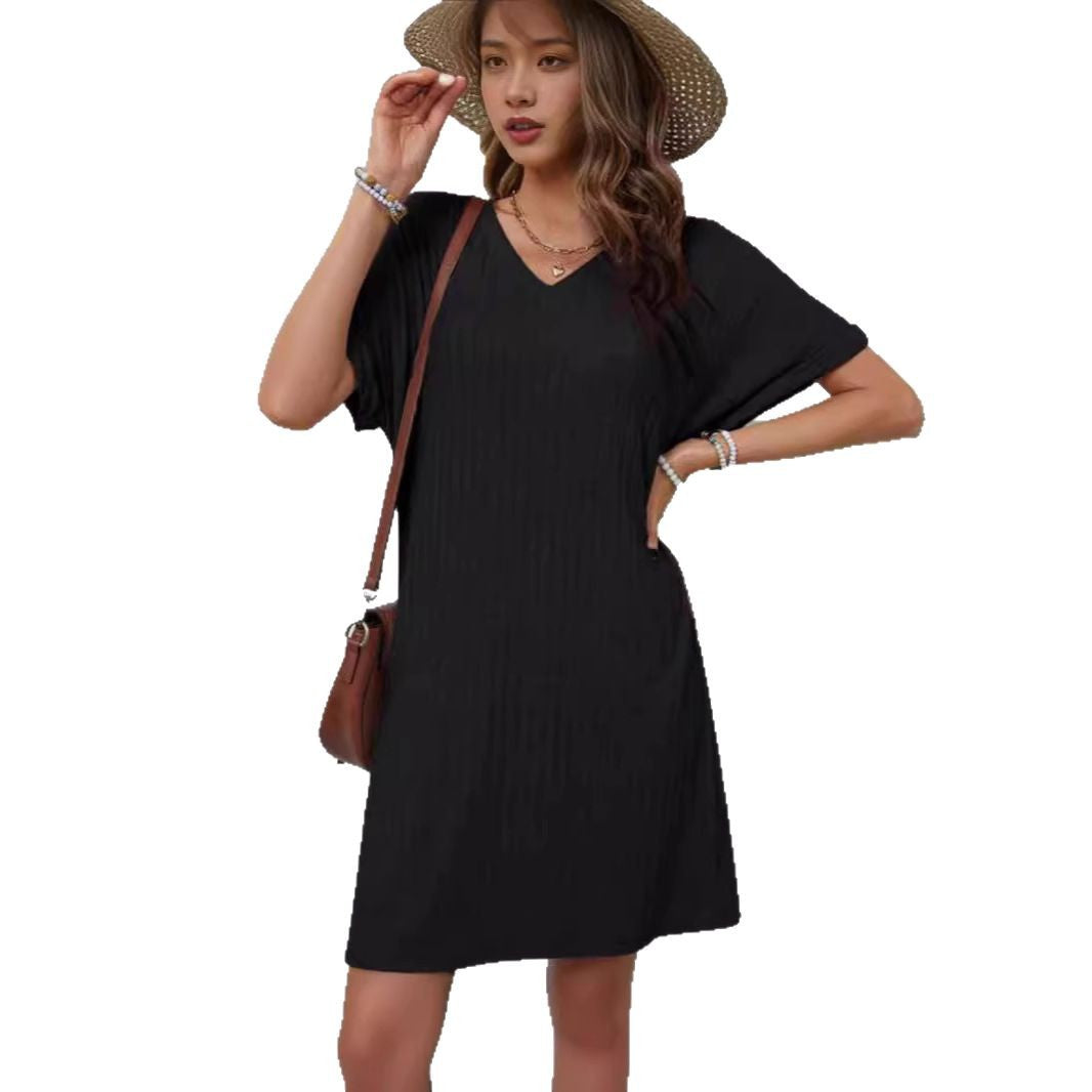 Damen lässiges Freizeitkleid mit V-Ausschnitt und feiner Rippstruktur EB
