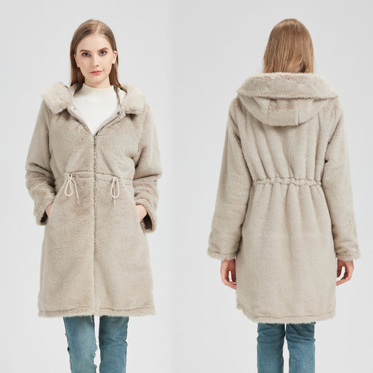 Damen nan langer Parka mit abnehmbarer Kunstfellkapuze und taillenverstellendem Kordelzug EB