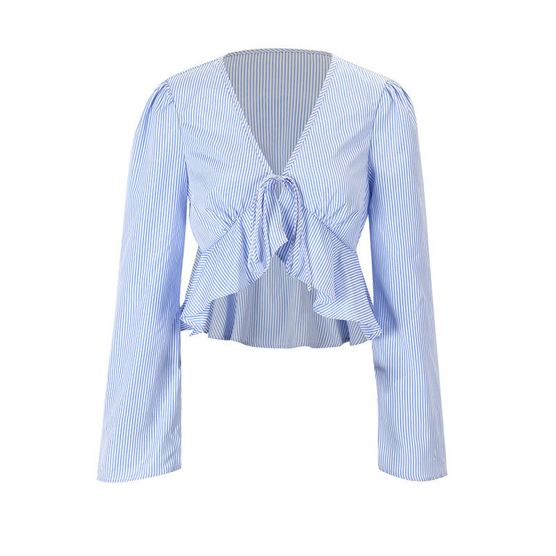 Damen cropped Bluse mit verspielten Rüschendetails und bindbarem Krawattenverschluss EB