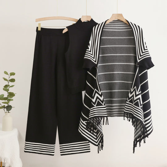 Damen elegantes Strick-Kombinationsset mit hochgeschlossenem Oberteil und weiten Hosen EB
