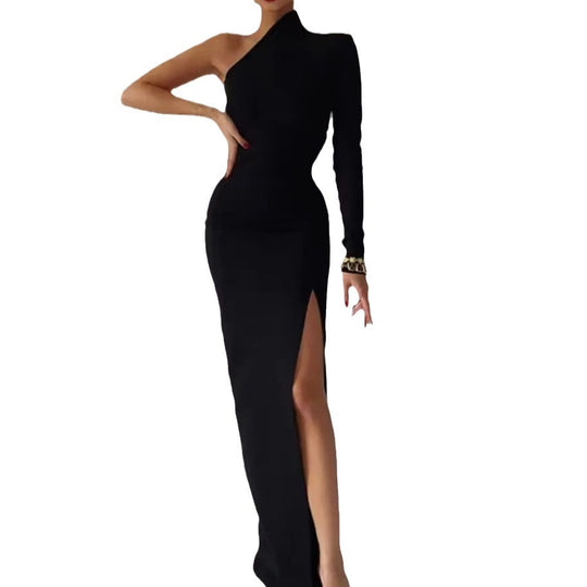 Damen Elegantes asymmetrisches Abendkleid mit hohem Schlitz und langem Arm EB
