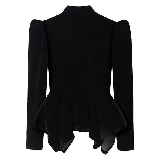 Damen nan taillierte Samtjacke mit Stehkragen Cut-Out und asymmetrischem Schößchen EB