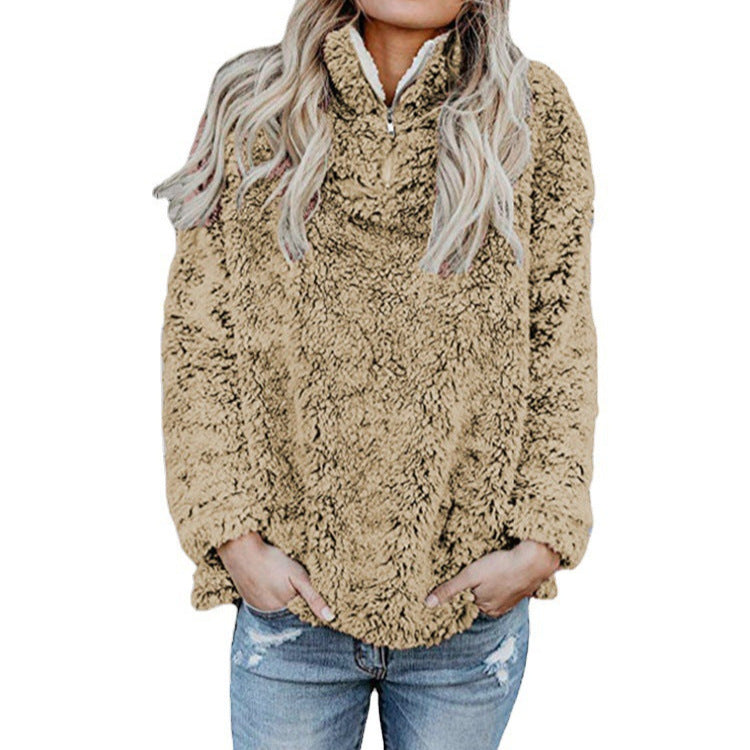 Damen Flauschige Fleece-Pulloverjacke mit hohem Kragen und Reißverschluss EB