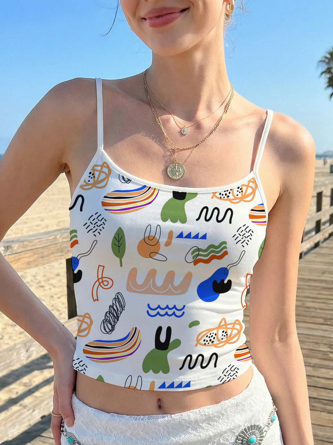 Damen Crop-Top mit kreativem Grafikdruck EB