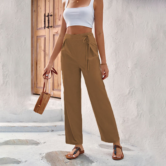 Damen Weitgeschnittene Sommerhose mit elastischem Bund und bindbarem Gürtel EB