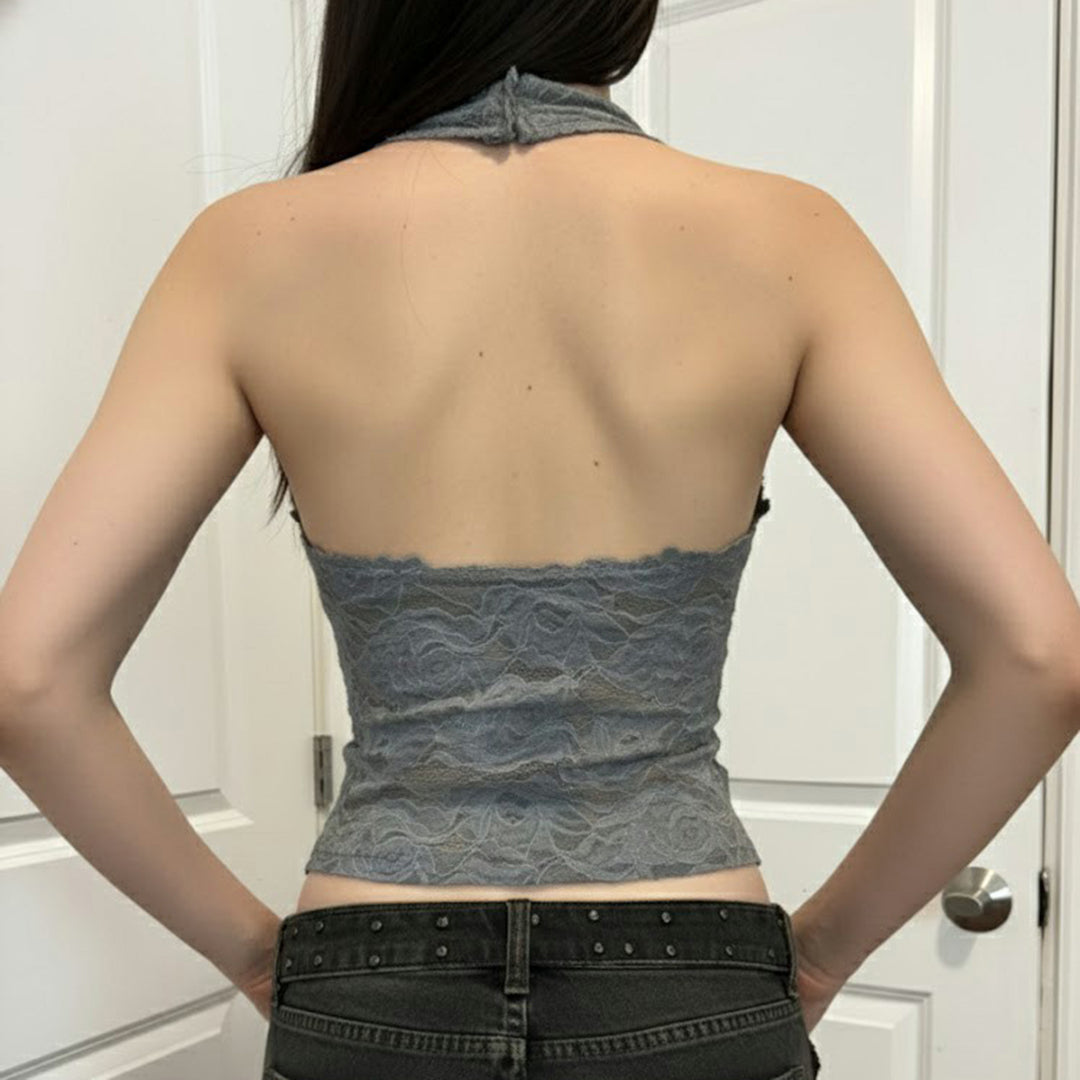 Damen Elegantes Spitzen-Haltertop mit tiefem V-Ausschnitt EB