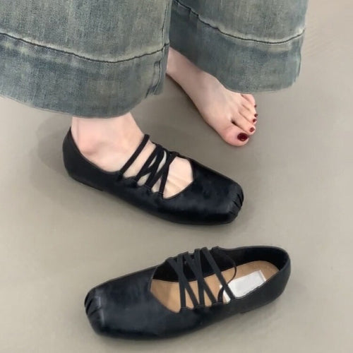 Damen Ballerina-Schuhe mit dekorativem Schnürdesign und hochwertiger Lederoberfläche EB