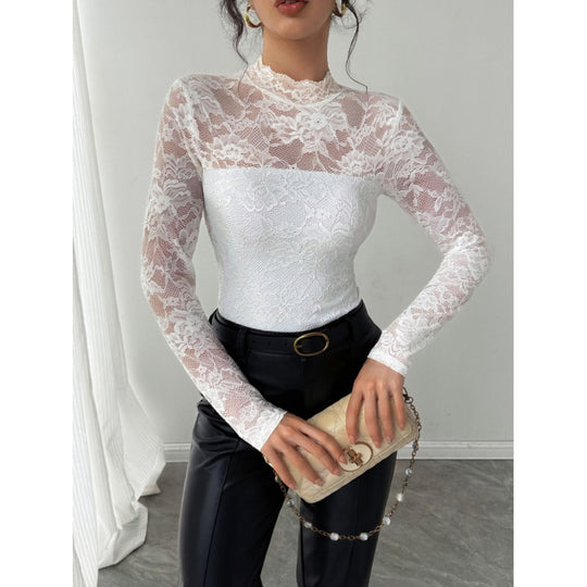 Damen Spitzenbody mit elegantem Stehkragen und langem Arm EB
