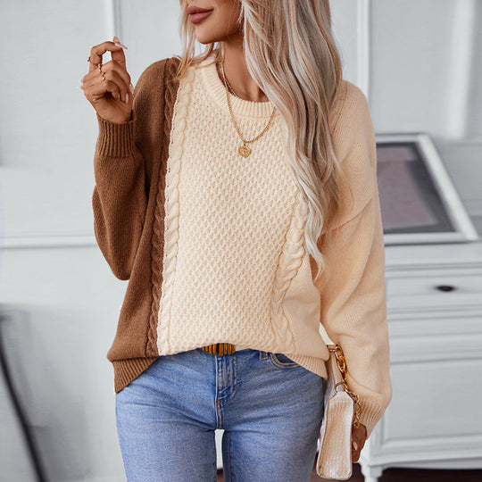 Damen modischer Pullover mit strukturiertem Zopfmuster und innovativem Farbblockdesign EB