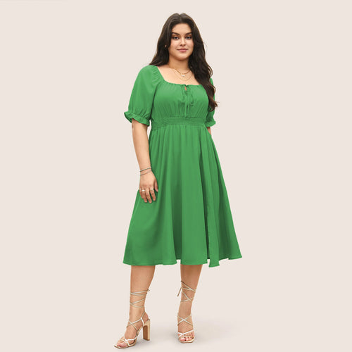 Damen Midi-Kleid mit Puffärmeln und elastischem Taillenbund EB