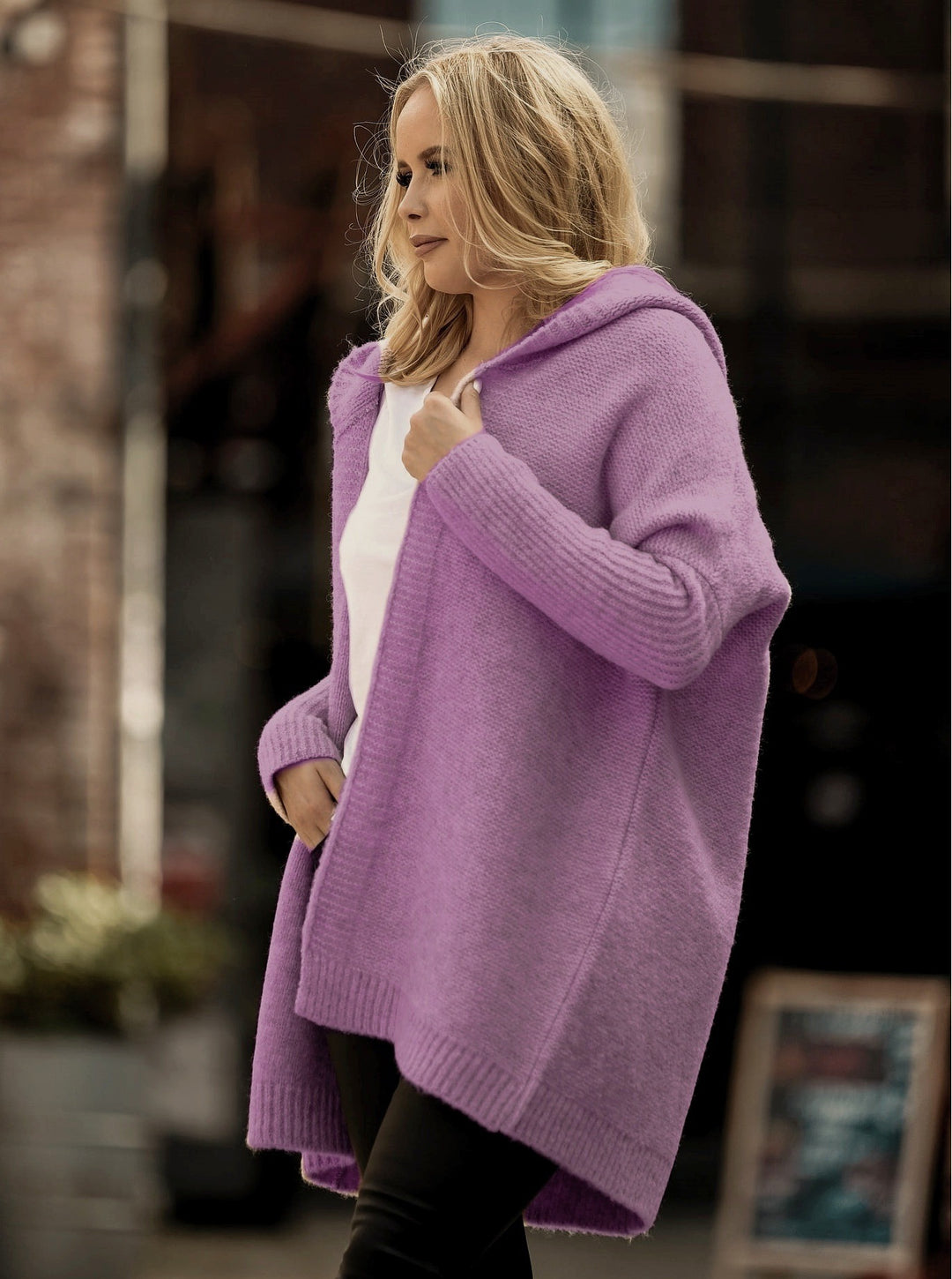 Damen lässiger Strickcardigan mit Kapuze und großen Taschen EB