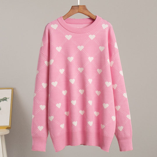 Damen Gemusterter Strickpullover mit Herzmotiv und lässigem Schnitt EB
