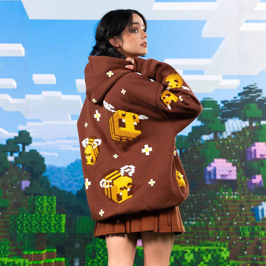 Unisex nan Kapuzenpullover mit eingestricktem Pixel-Bienenmotiv und aufgesetzter Kängurutasche EB
