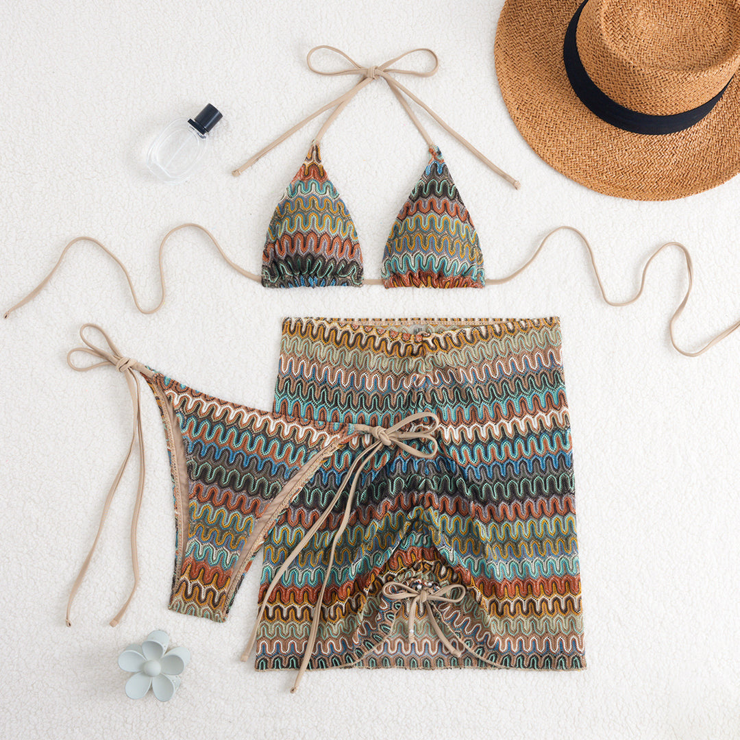 Damen Triangel-Bikini mit Raffinierten Knüpfdetails und Passendem Rock EB