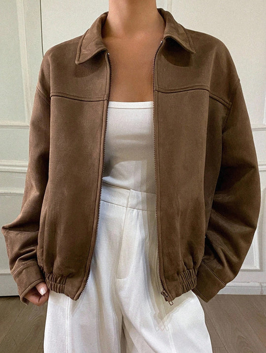 Damen Oversized Wildlederoptik Bomberjacke mit Reißverschluss und elastischem Saum EB