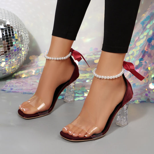 Damen Elegante und modische Sandaletten mit transparentem Riemchen und funkelndem Blockabsatz EB