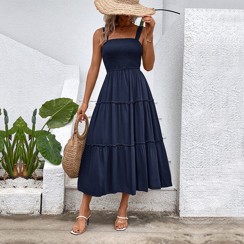 Damen Midikleid mit elastischem Oberteil und fließendem Rock EB