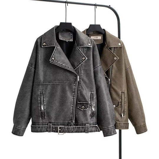 Damen Oversized Kunstlederjacke mit asymmetrischem Reißverschluss und praktischen Taschen EB