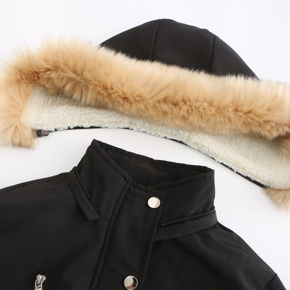 Damen modische Outdoor-Jacke mit abnehmbarem Kunstfellkragen und elastischem Taillenzug EB
