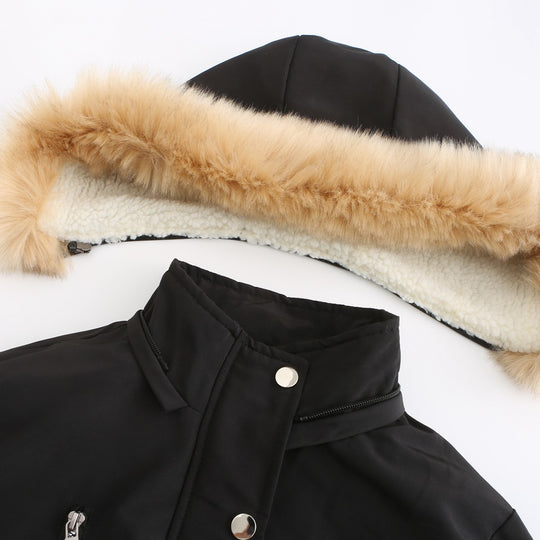 Damen modische Outdoor-Jacke mit abnehmbarem Kunstfellkragen und elastischem Taillenzug EB