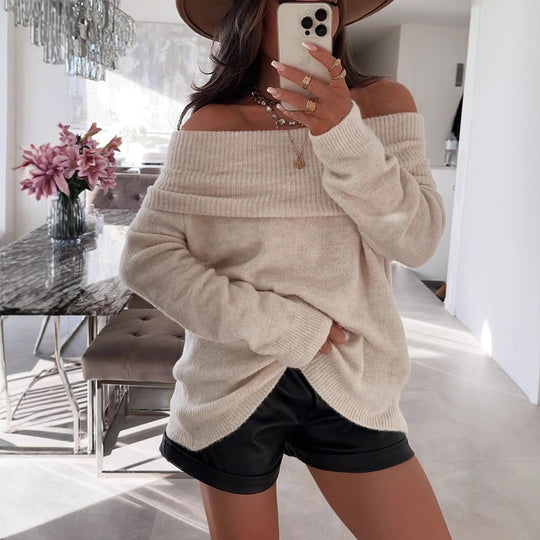 Damen lässiger Off-Shoulder Pullover mit Rippenstruktur EB