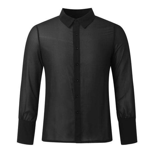 Damen nan semi-transparente Langarm-Chiffonbluse mit Hemdkragen und breiten Manschetten EB