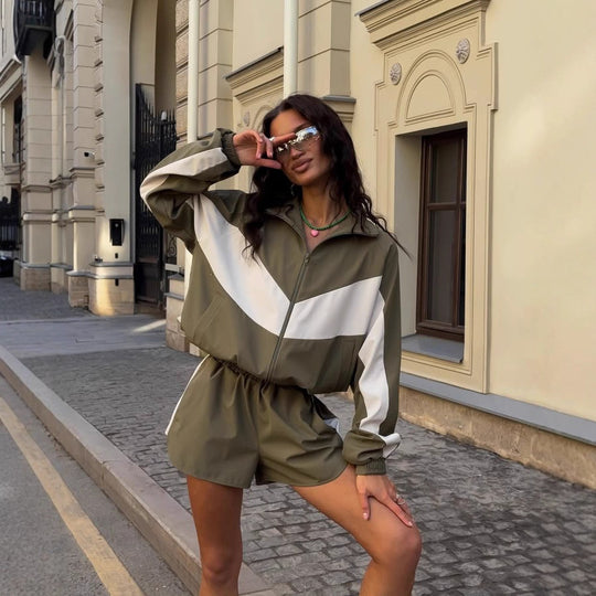 Damen nan lässiges Athleisure-Set mit windabweisender Kurzjacke, Stehkragen und elastischen Highwaist-Shorts EB