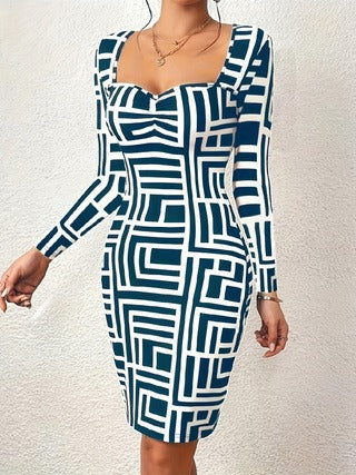 Damen Figurbetontes Langarmkleid mit geometrischem Muster EB