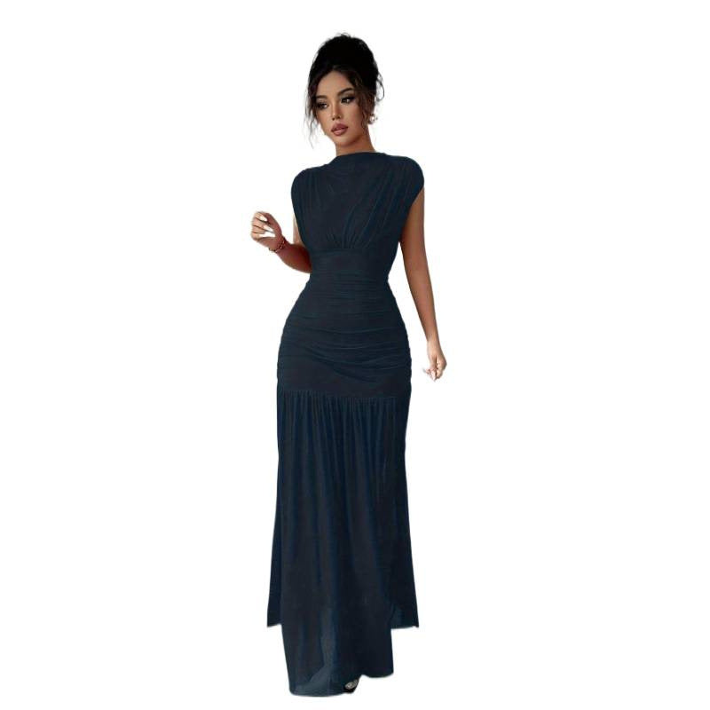 Damen Elegantes Maxikleid mit raffiniertem Drapée und transparentem Rock EB