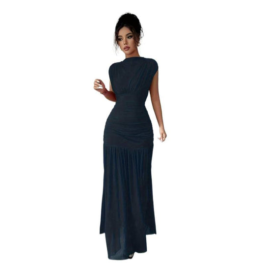 Damen Elegantes Maxikleid mit raffiniertem Drapée und transparentem Rock EB
