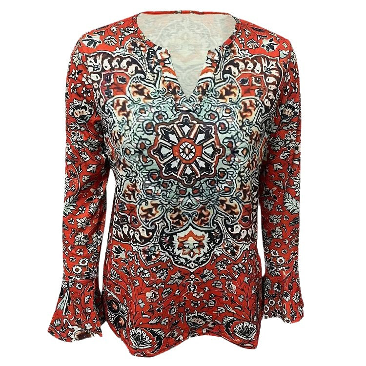 Damen Boho-Tunika-Bluse mit Mandala-Print, V-Ausschnitt und dreiviertel Ärmeln EB