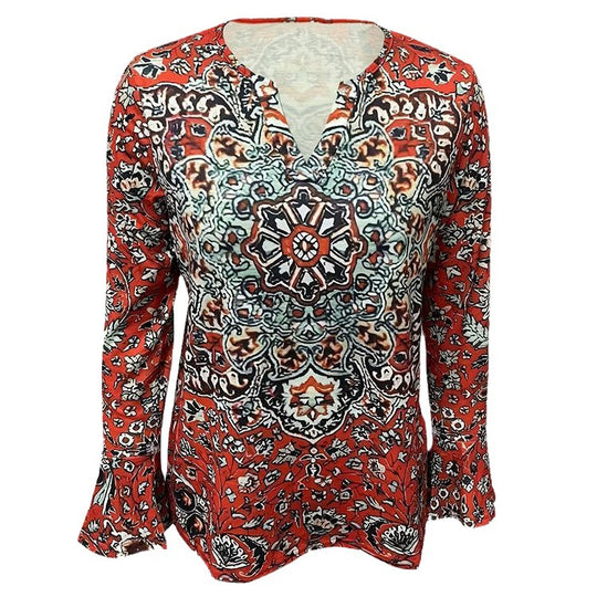 Damen Boho-Tunika-Bluse mit Mandala-Print, V-Ausschnitt und dreiviertel Ärmeln EB