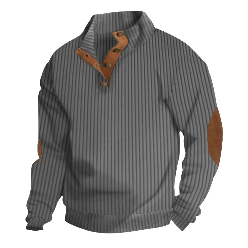 Herren nan strukturierter Ripp-Pullover mit kurzem Knopfkragen und Wildleder-Ellbogenpatches EB