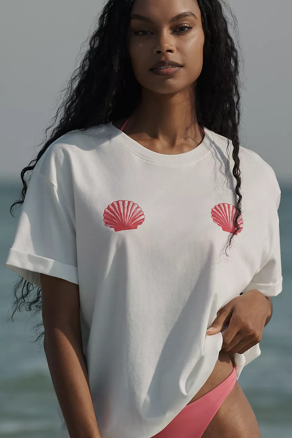 Damen lässiges T-Shirt mit maritimem Muschel-Print und lockerer Passform EB