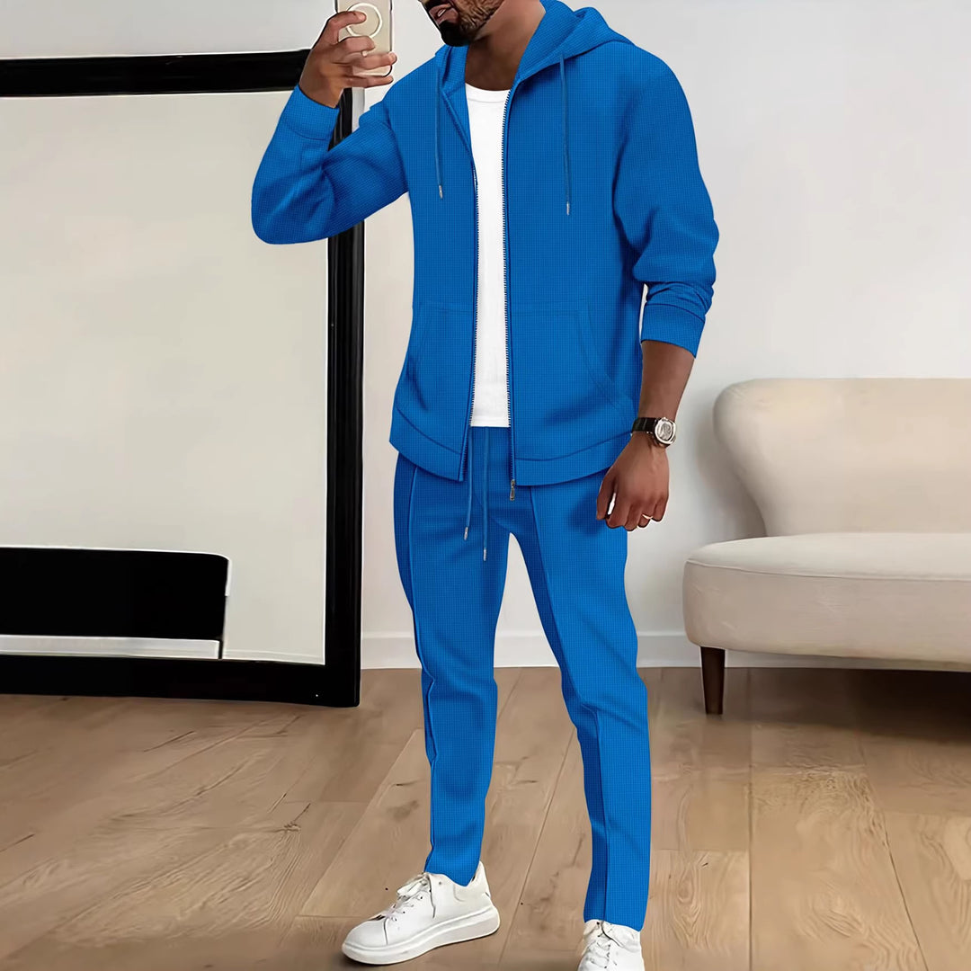Herren nan Waffelstruktur-Jogginganzug mit Kapuzen-Zipjacke und konisch geschnittener Jogginghose EB