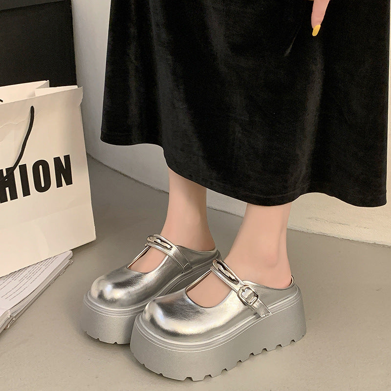 Damen Stilvolle Plateau-Mules mit verstellbarem Riemen und rutschfester Sohle EB