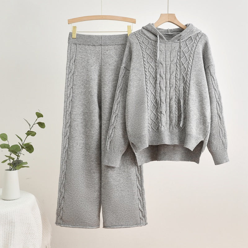 Damen lässiges Strick-Loungewear-Set mit Kapuze und breiten Beinen EB