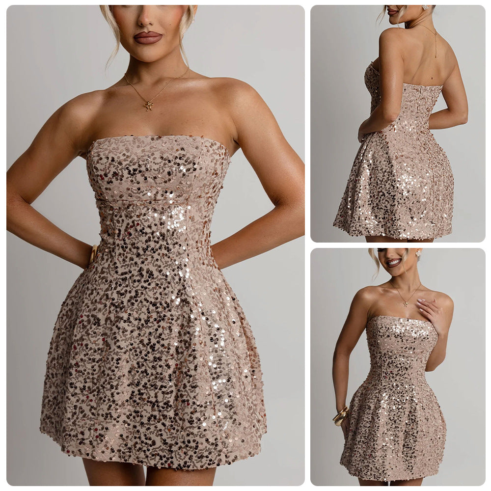 Damen Cocktailkleid mit funkelnden Pailletten und schulterfreiem Design EB