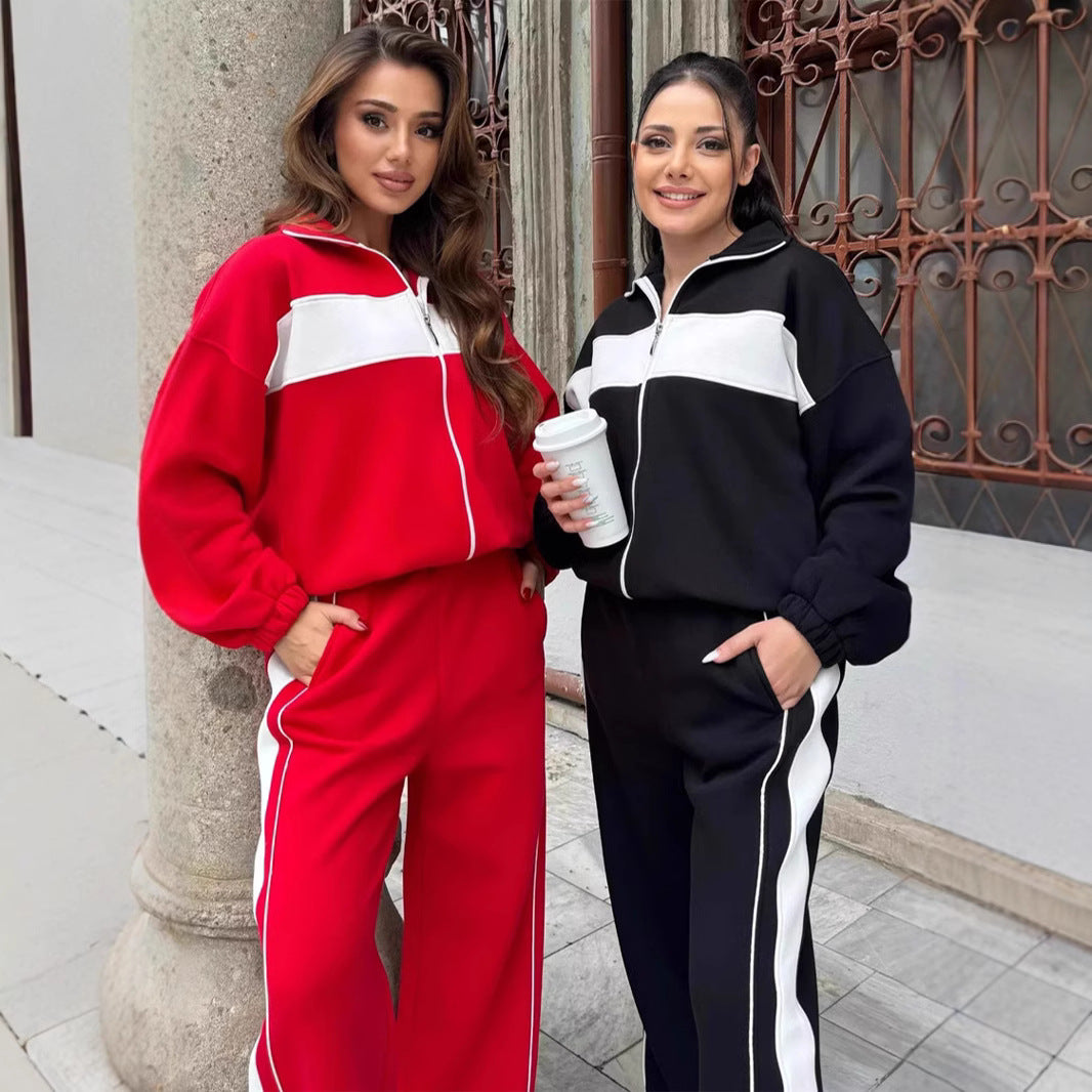 Damen Komfortables Campus-Lounge-Set mit kurzem Reißverschluss-Top und Seitenstreifen-Jogger EB