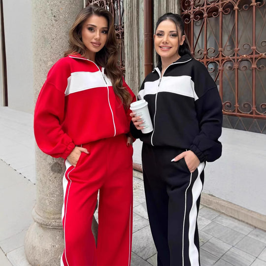 Damen Komfortables Campus-Lounge-Set mit kurzem Reißverschluss-Top und Seitenstreifen-Jogger EB