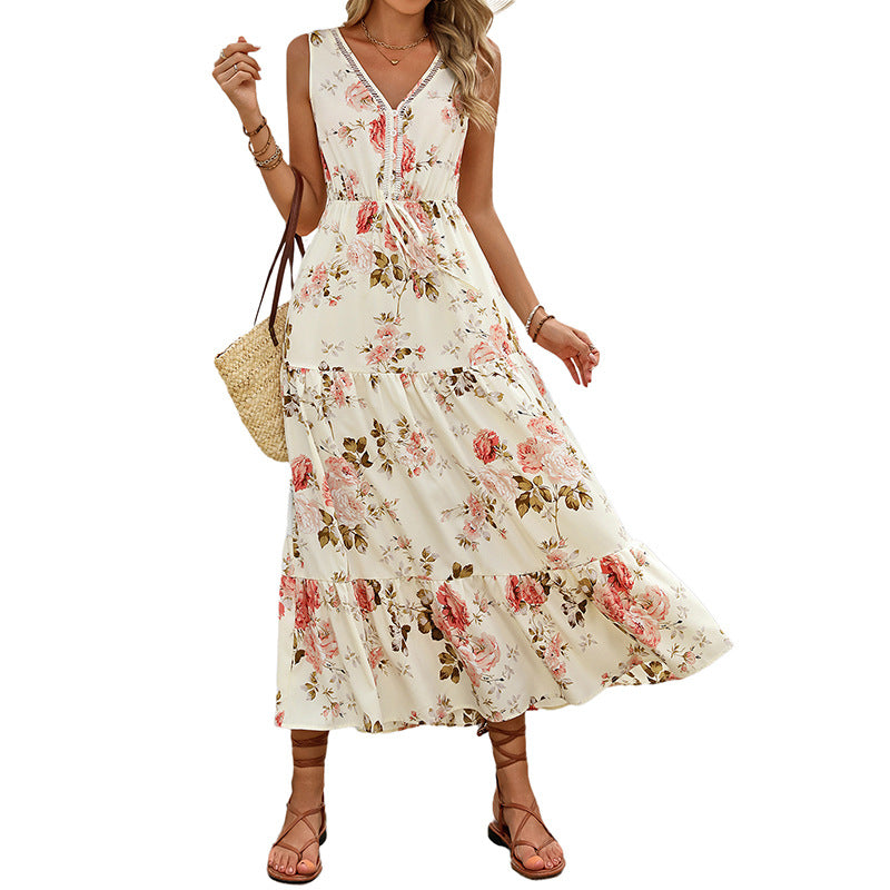 Damen Maxikleid mit floralem Muster und elastischem Taillenband EB