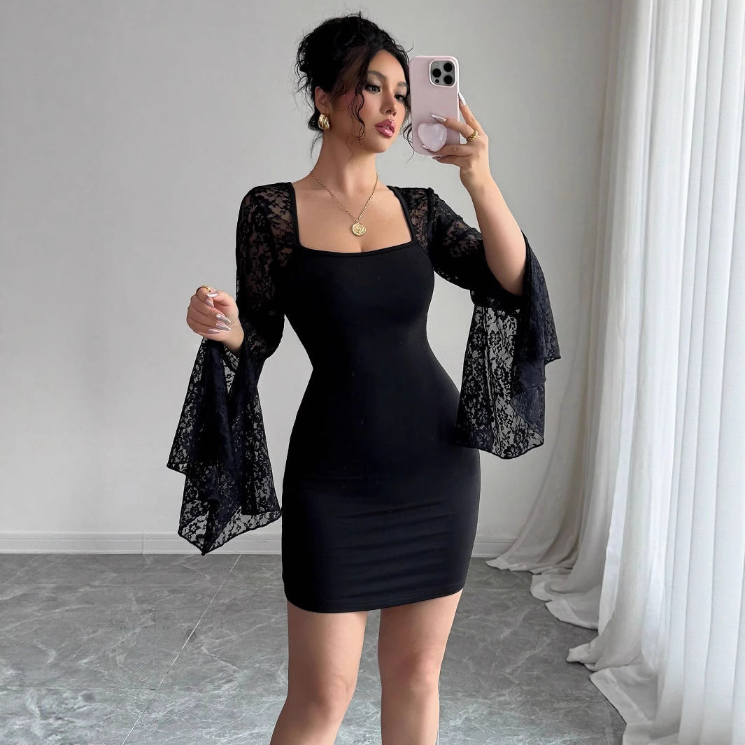 Damen Elegantes Minikleid mit Spitzenärmeln EB
