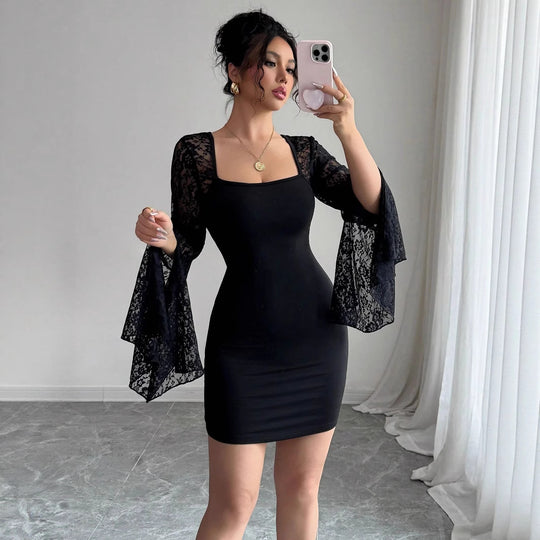 Damen Figurbetontes Kleid mit Spitzenärmeln EB