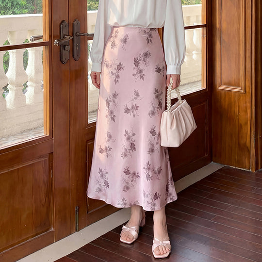 Damen  taillenhoher A-Linien-Midirock aus jacquardähnischem Satin mit floralem Relief EB