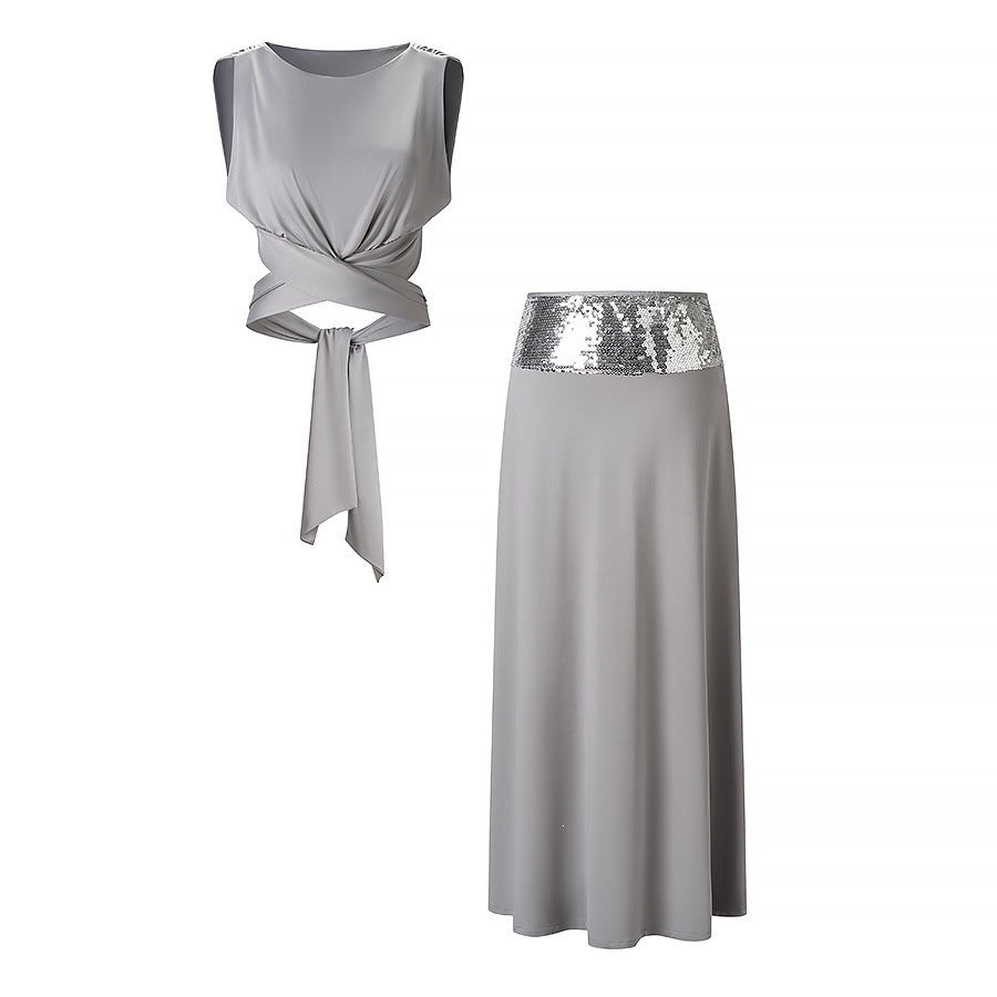 Damen elegantes Wickeloberteil und maxilanger Rock mit Paillettenbund EB